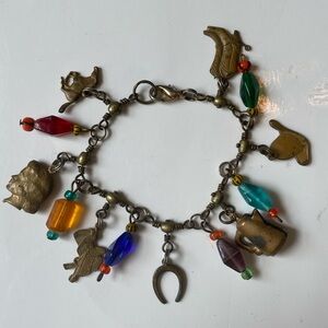 Cowgirl Western Theme Vintage Charm Bracelet Color Beads Boots Hat Horseshoe